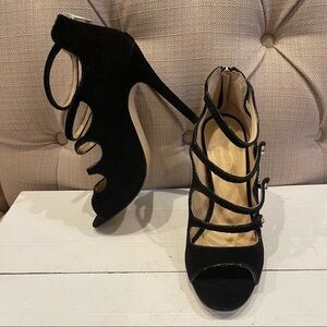 IVANKA TRUMP Black Suede Open Toe Studded Lace Pumps Heels Shoes Sz 6